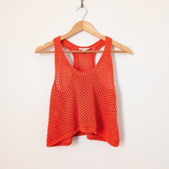 Rebecca Taylor Tops - Rebecca Taylor Orange Open Crochet Knit Scoop Neck Cropped Coverup Tank Top